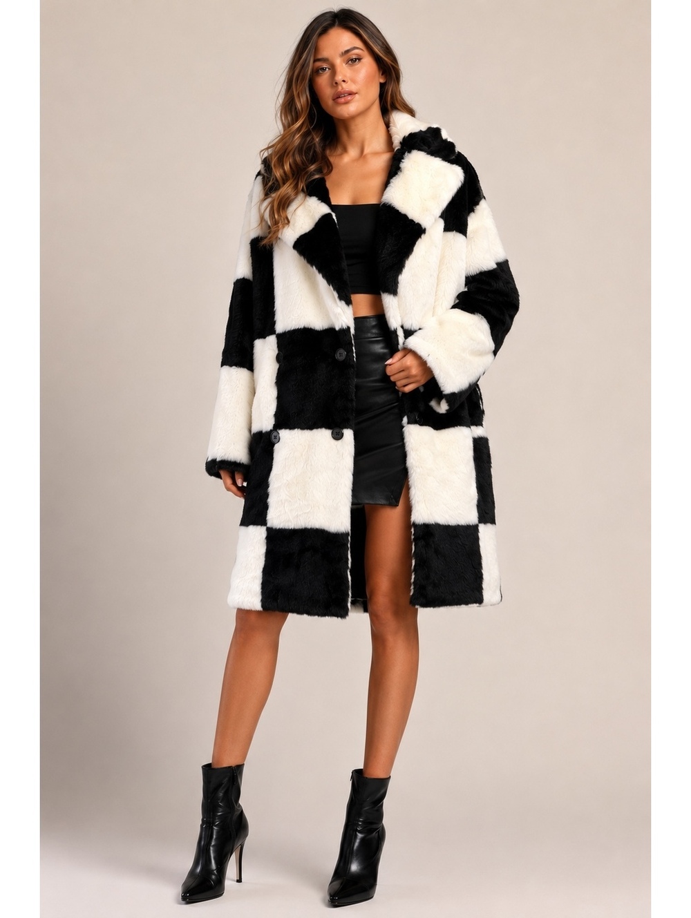 Women’s Sz S Topshop UK Faux Fur Black & White Checkerboard Coat Double Breasted